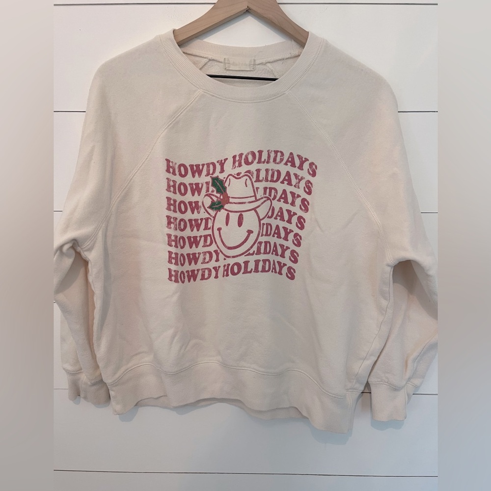 Alter’d State Cream Holiday Sweatshirt with Pink Howdy Design XSmall